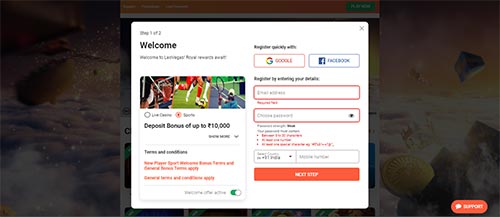 betting site signup with facebook or google