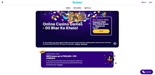 Casumo casino India homepage screenshot